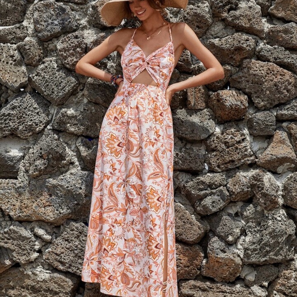 SHEIN Orange Pink Spaghetti Strap Sundress Maxi